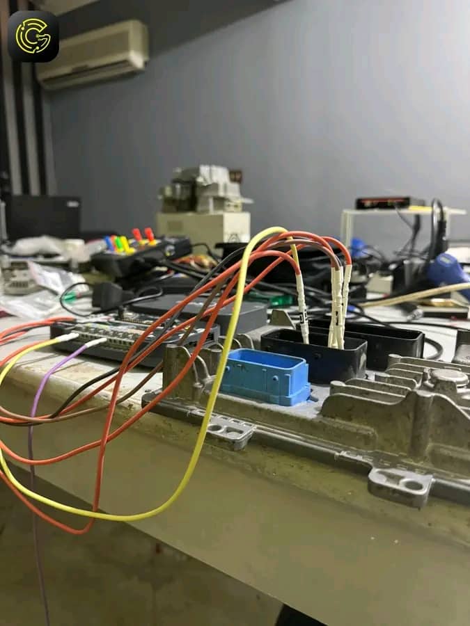 Professional automotive workspace with diagnostic equipment